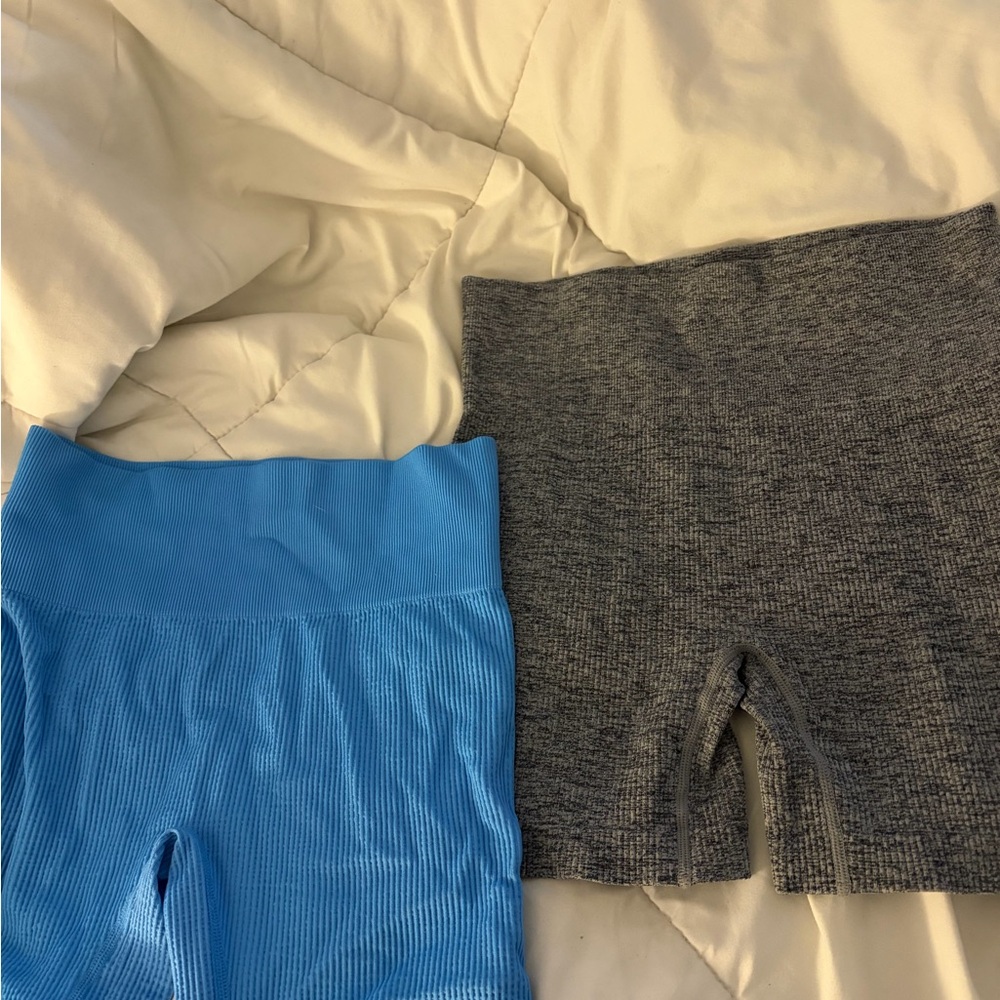 2 pack Blue and Gray Ribbed Biker Shorts Set